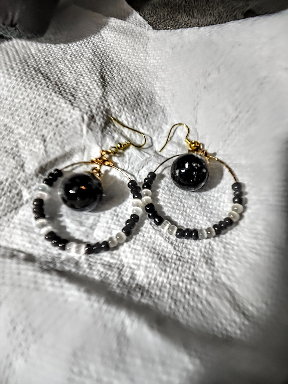 Gold Hoop Earrings with Natural Black Healing Rocks And Some Silver